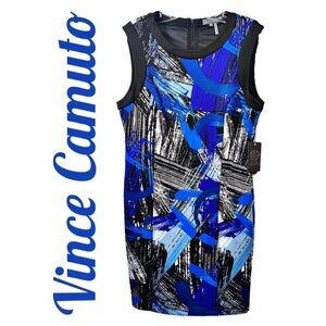 NWT VINCE CAMUTO Art Inspired Bright Blue Brushstroke Mini Sheath Dress, Size 8